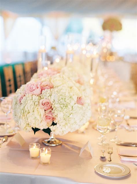 White Hydrangea And Pink Rose Centerpiece Elizabeth Anne Designs The