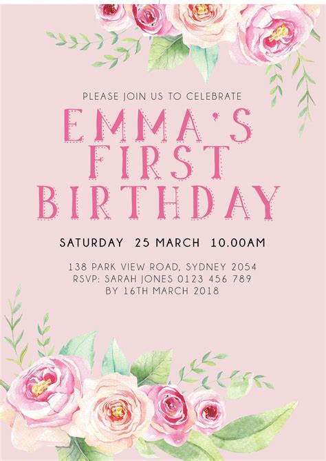 Pink Flowers Custom Birthday Invitation Printable Printable Girls