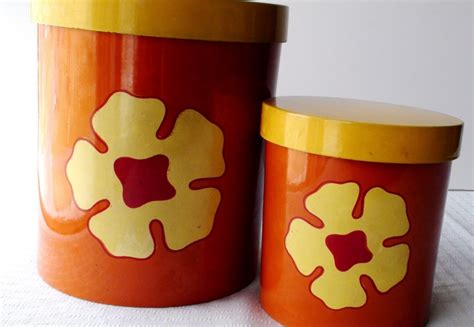 Retro Orange Kitchen Canisters With Yellow Flower Set Of 2 Etsy