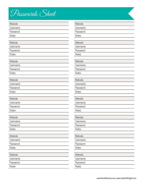 In each column, write what kind of information is needed such as name, address, email, phone number, signature, etc. 30 Days of Free Printables: Passwords Sheet | Whisky ...