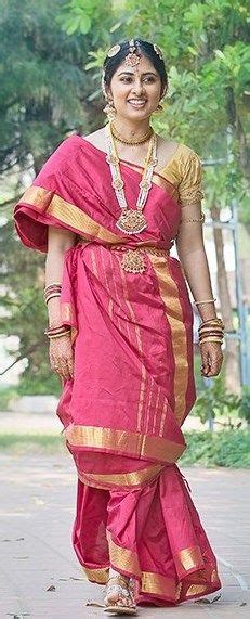 Real Bride Uthra In A Traditional Red Nine Yard Iyer Madisar Saree Traditional Indian Dress