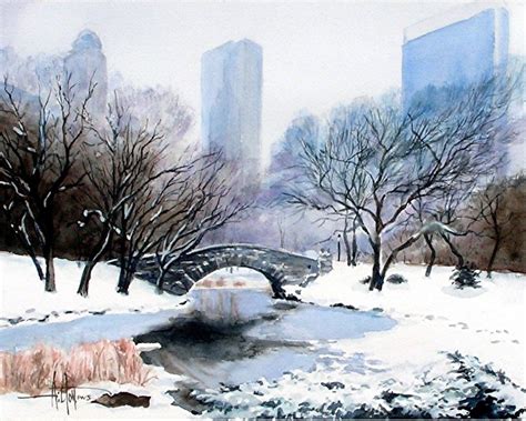 Winter In The Park Print From Original Watercolor By Phil Hilton
