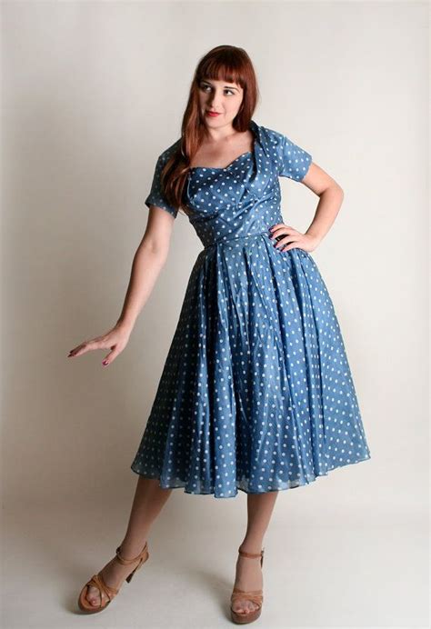 Vintage S Dress Sky Blue Polka Dot Silk Party Dress Etsy