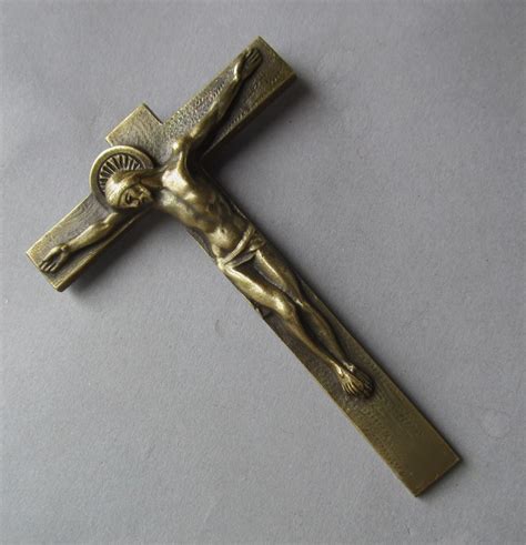 Antique French Bronze Crucifix Catholic Art Deco Cross Signed