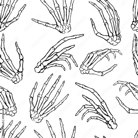Hand Drawn Vector Seamless Pattern Human Bone Hands In Different