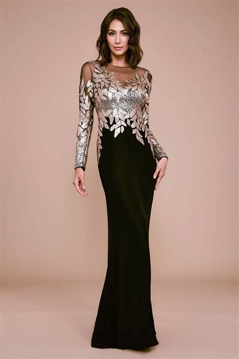 Tadashi Shoji Finley Long Sleeve Crepe Sequin Gown Petite Long Sleeve Evening Gowns