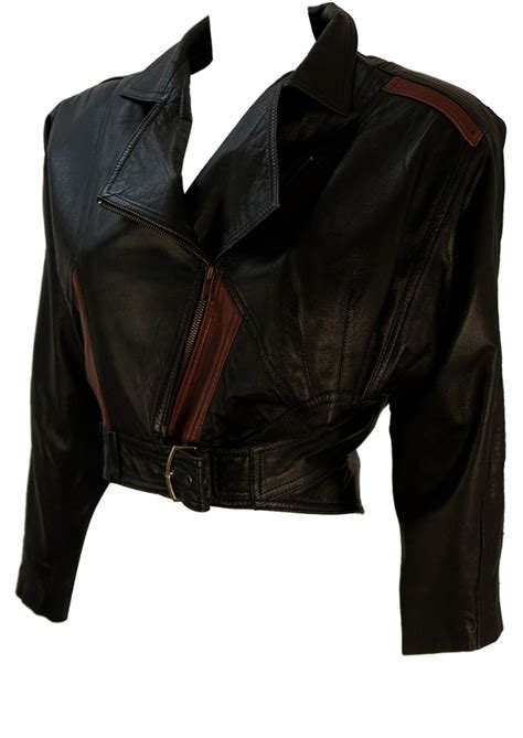 vintage 80 s cropped batwing black and brown leather jacket with cinch back detail m reign vintage