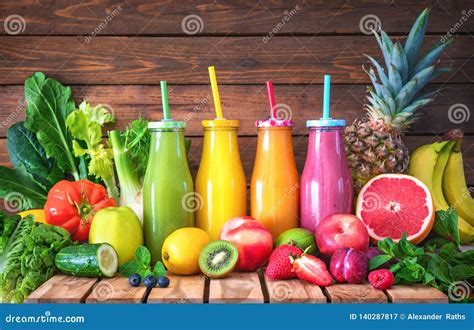 Colorful Freshly Squeezed Fruits And Vegetables Smoothies With