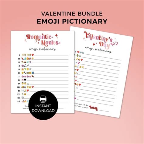 Valentines Day Printable Game Emoji Pictionary Bundle Kids Teen
