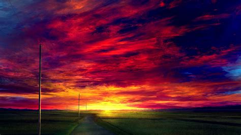 Download 1366x768 Wallpaper Sunset Road Landscape Anime