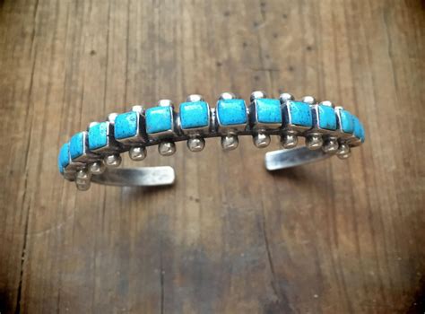 Vintage Sterling Silver Turquoise Bracelet 15 Stone Row Bracelet Native