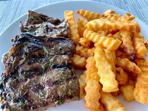 Add the steak cubes and toss to coat. Chimichurri steak + crinkle cut fries for dinner. And a side salad not pictured lol. - Dining ...