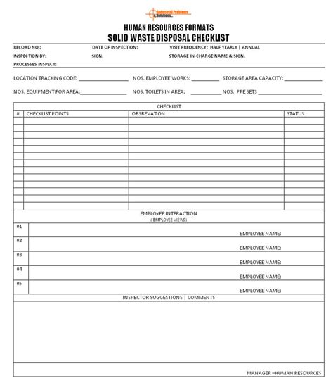 Solid Waste Disposal Checklist Format With Waste Management Report