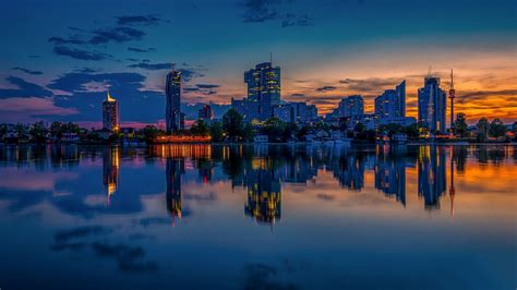 City Evening Lake Reflection