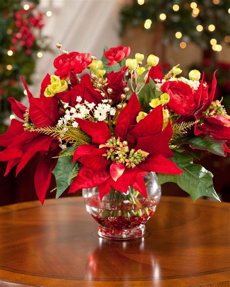 Vibrant Red Poinsettia And Ranunculus Silk Centerpiece In Festive Durable