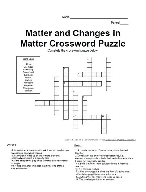 Introduction To Chemistry Matter And Changes In Matter Crossword