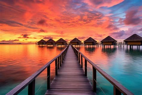 Premium Ai Image Overwater Bungalows At Sunset With Vibrant Sky