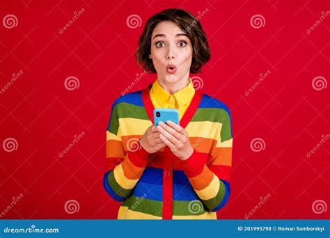 Photo Of Beautiful Pretty Excited Lesbian Lady Blogger Hold Telephone