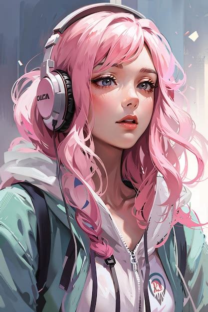 Premium Ai Image Beautiful Pink Haired Girl With Headphone In Anime Style