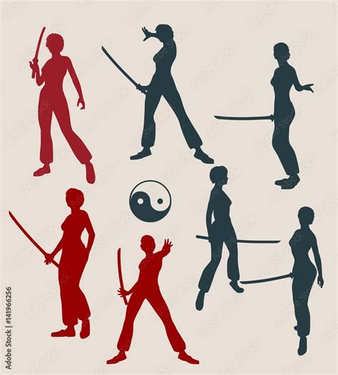 Kung Fu Martial Art Silhouettes Of Woman In Sword Fight Pose Woman