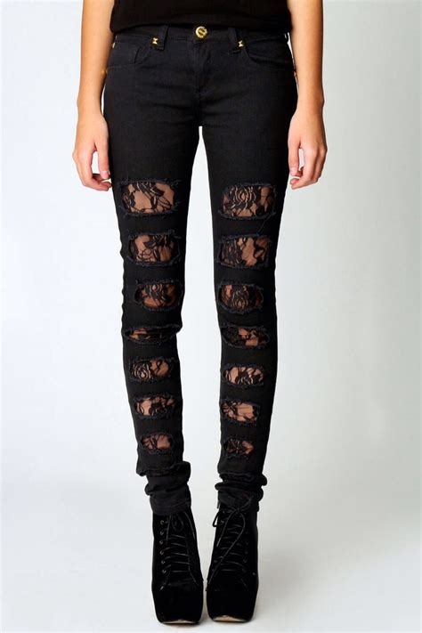 Lace Jeans😵😘😍😍😍 Black Skinnies Black Ripped Jeans Lace Jeans