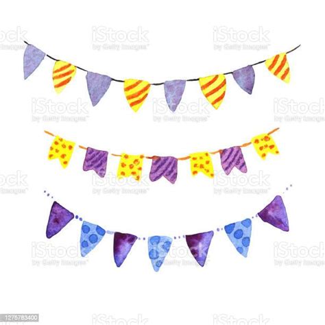 Illustration Watercolor Set Of Garland Triangular Flags On A Rope Of