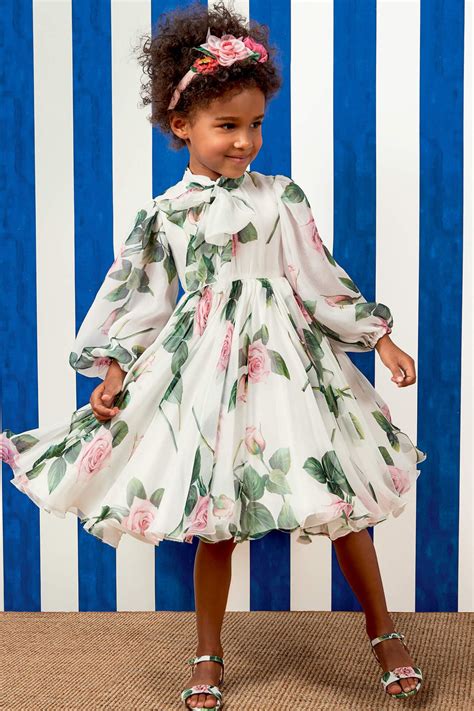 Dolce And Gabbana Rose Print Dress In White Kids Designer Dresses Rose