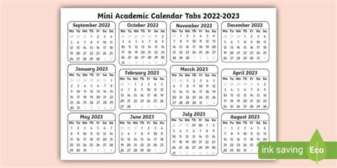 New Mini Academic Tabs 2022 2023 Calendar Teacher Made