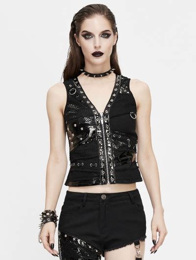 Black Gothic Punk Metal Vest Top For Women Uk