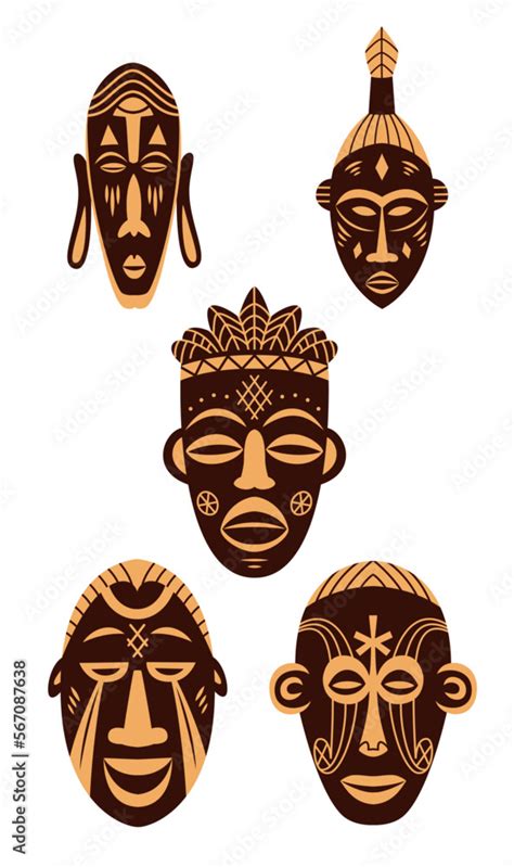 Vetor De Set Of African Ethnic Tribal Ritual Masks Isolated On White