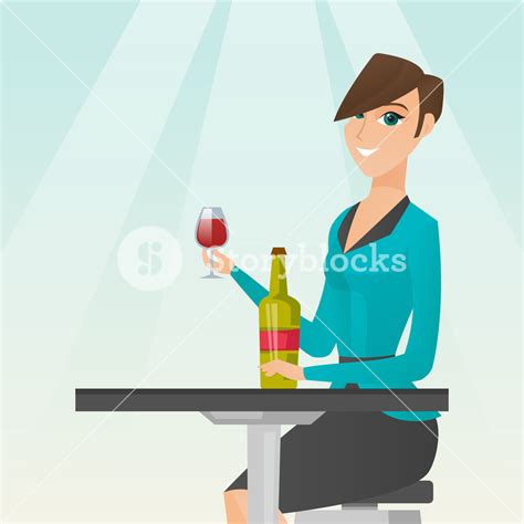 Woman Sitting At The Table With A Glass And A Bottle Of Wine Caucasian