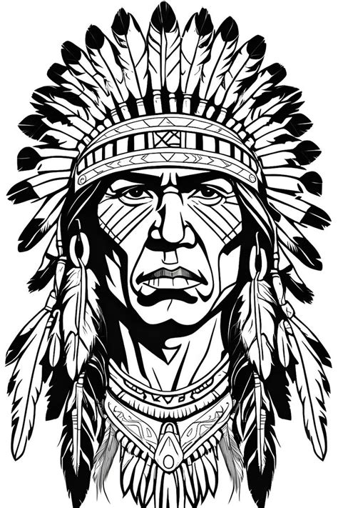 Line Drawing Portrait Of A Native American Chief With His Tribal