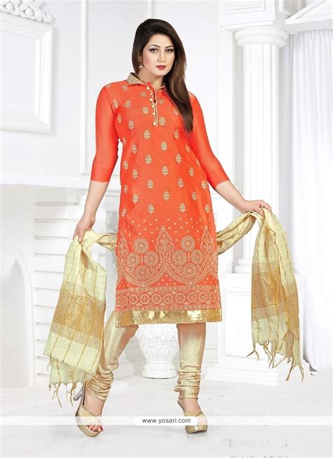 Shop Online Phenomenal Embroidered Work Chanderi Orange Churidar