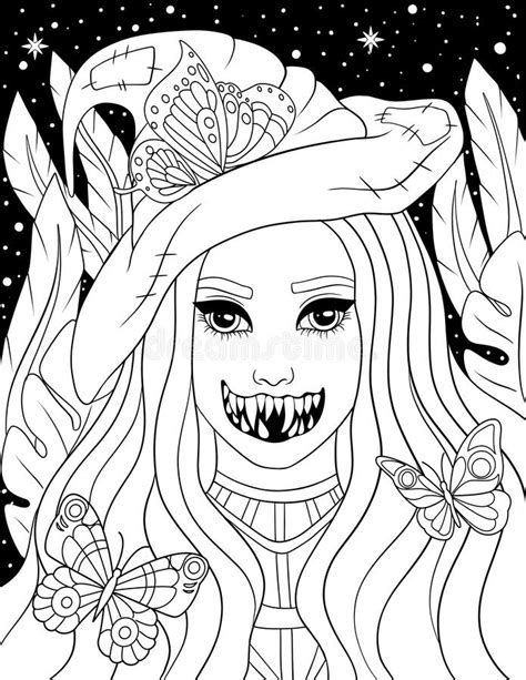 Horror Beauties Coloring Page For Adult Stock Illustration