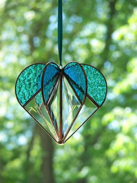 Stained Glass Heart Turquoise Stained Glass Suncatcher Heart Ornament Bevel Heart Turquoise