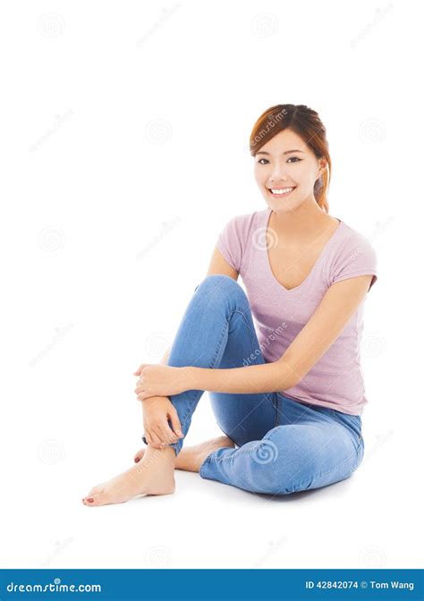 Smiling Beautiful Young Woman Sitting On The Floor Stock Photo Image