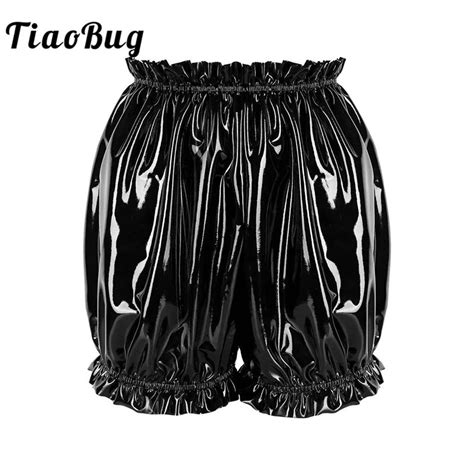 Tiaobug Women Lingerie Wet Look Black Patent Leather Ruffled Hem Elastic Waistband Boxer Shorts