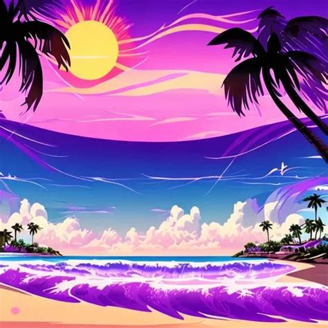 Purple Sunset Anime Beach Waves Palm Trees Clouds Ni OpenArt