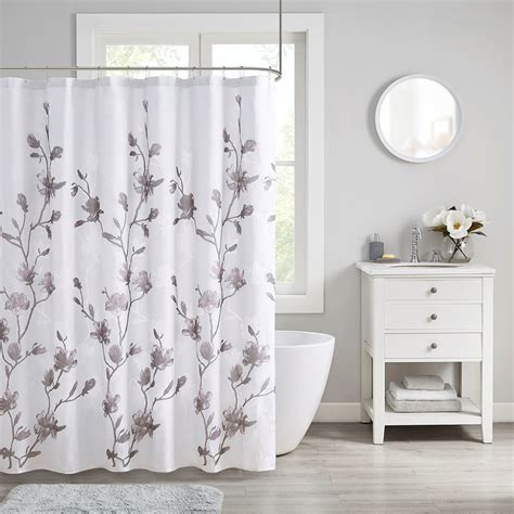 Soft Purple Grey And White Floral Burnout Fabric Shower Curtain 72x72