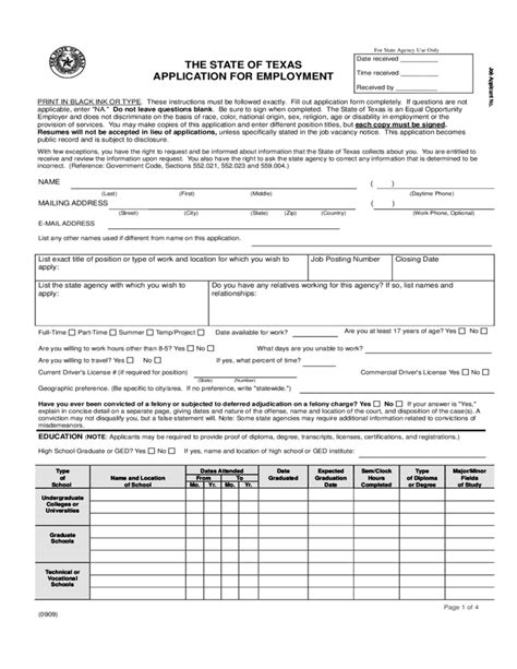 The State Of Texas Application For Employment Free Download