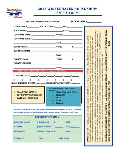 2012 Winterhaven Horse Show Entry Form