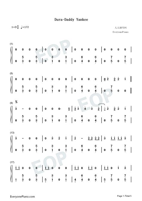 Dura Super Easy Piano Version Numbered Musical Notation Preview