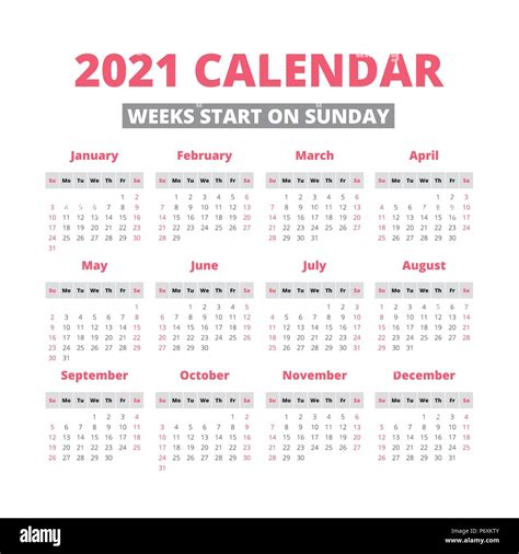 Simple 2021 Year Calendar Week Starts On Sunday Stock Vector Image