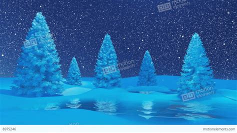 Winter Night Landscape With Firs And Frozen Lake At Snowfall Stock