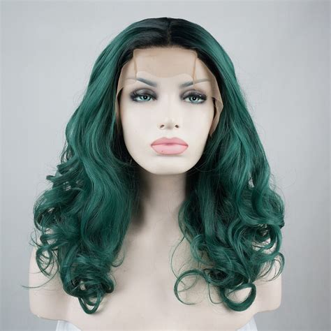 14 Fancy Black Mixed Dark Green Curly Long Women Lace Front Wig Heat