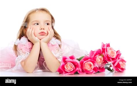 Beautiful Little Girl With Red Rose Bouquet Stock Photo Alamy