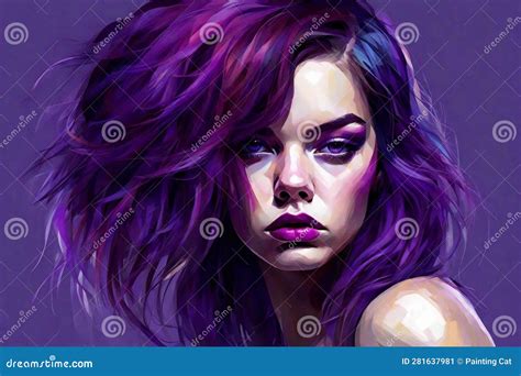 Portrait Of A Beautiful Girl With Purple Hair And Bright Make Up Stock