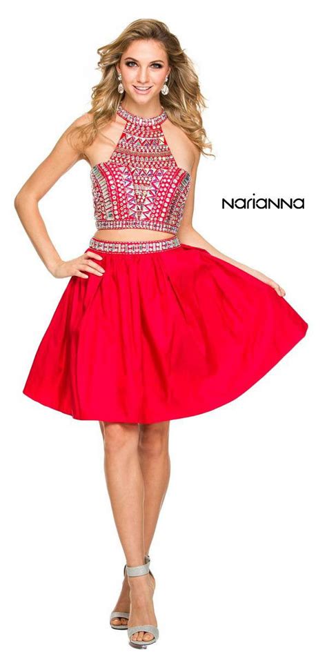 Two Piece Prom Dress Short Beaded Top Grecian Neckline Red