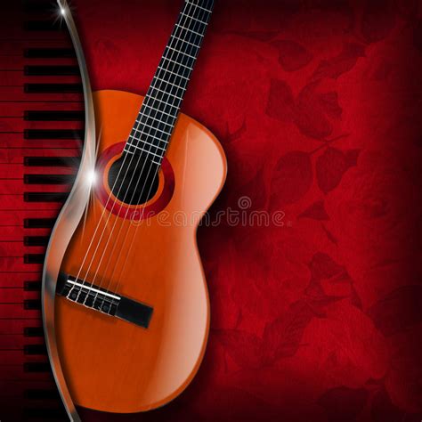 Flores Del Rojo De La Guitarra Acústica Y Del Piano Stock De