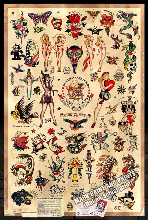 Sailor Jerry Tattoo Designs Flash 2 Giclee Poster Print Etsy